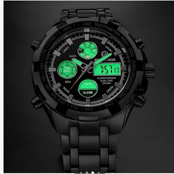 GOLDEN HOUR Stainless Steel AnalogDigital Outdoor Sport WaterproofBig Heavy Nwt - Picture 6 of 11